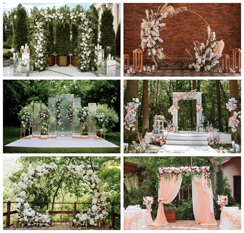 

Laeacco Green Forest Flower Wedding Arch Backdrop Outdoor Ceremony Party Bridal Shower Decor Portrait Photography Background