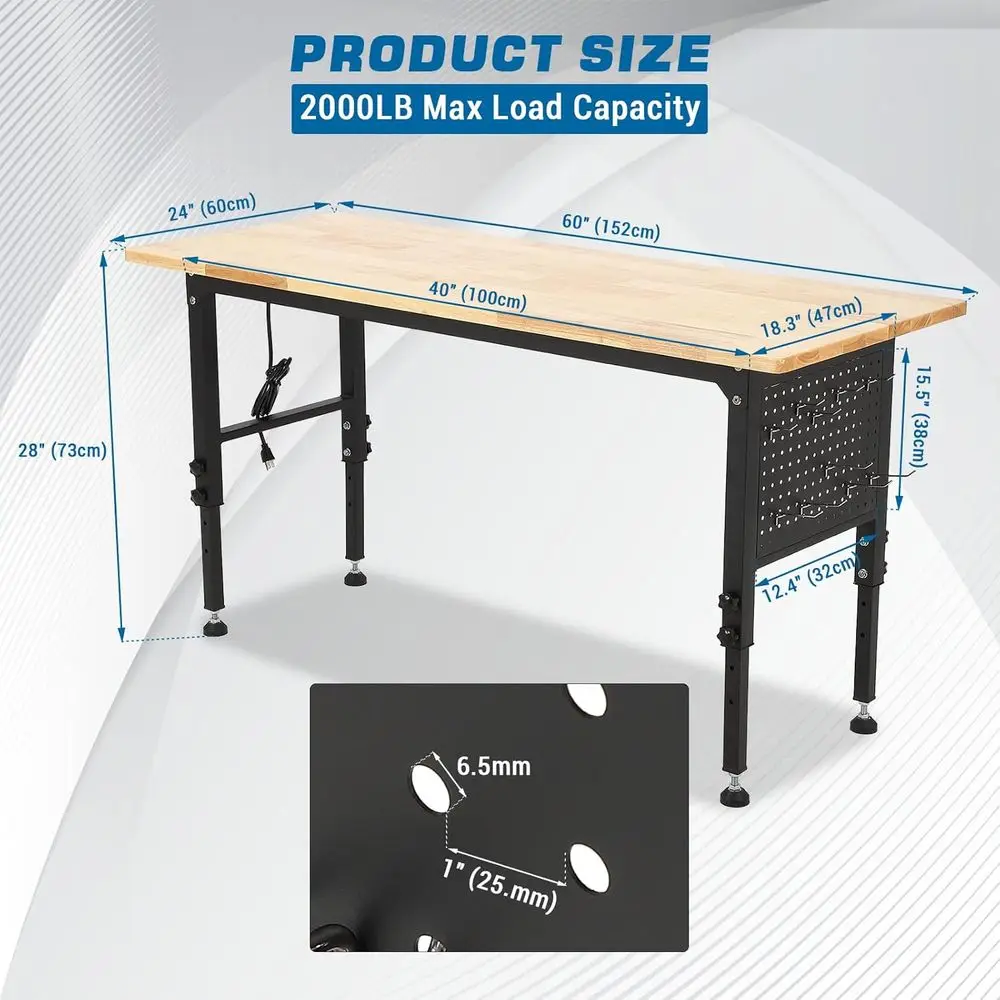 60 x 24 Adjustable Height Rolling Workbench with Pegboard, 4 Outlets, 2 USB Ports, Heavy Duty Woodworking Table