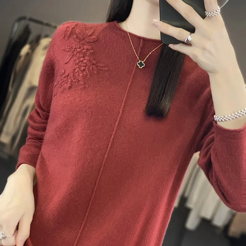 Women\'s Cashmere Sweater Dress Long Knee-Length Wool Long Skirt round Neck Embroidered Slim Knit Autumn Fashion