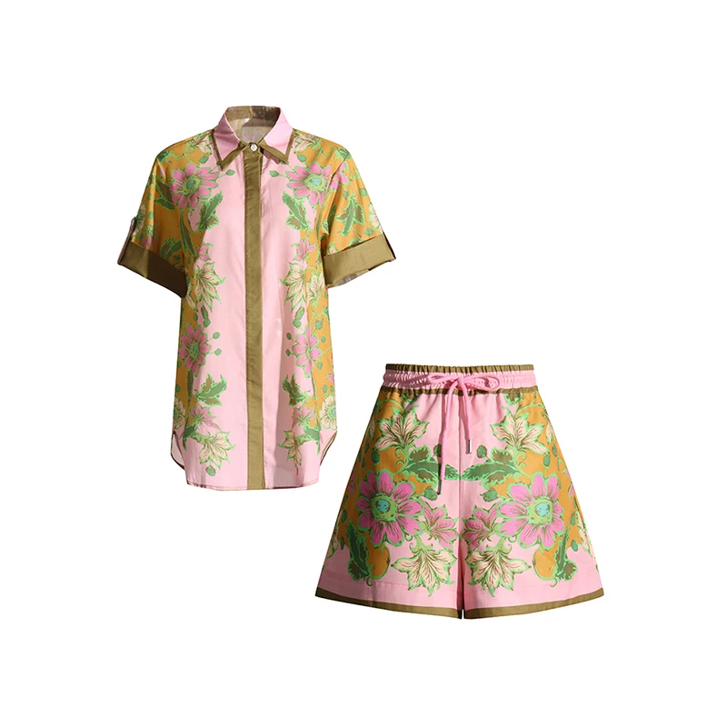 ONEINALL Floral Print Two Piece Set For Women Lapel Short Sleeve Shirt High Waist Patchwork Drawstring Short Vintage Sets Female