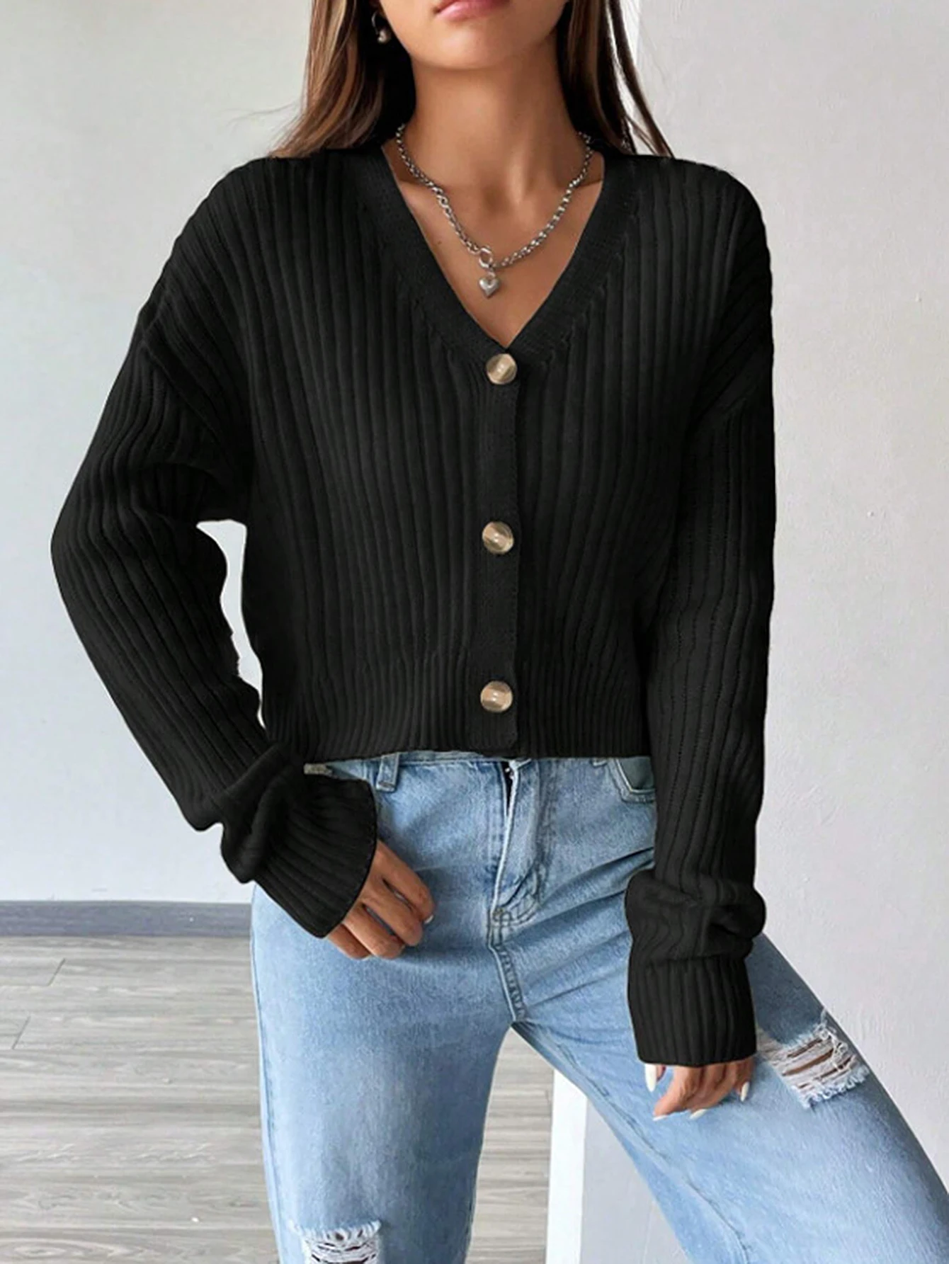 

Women's Long Sleeve V-Neck Button Front Cardigan Solid Color Autumn Winter Basic Daily Office Lady Style
