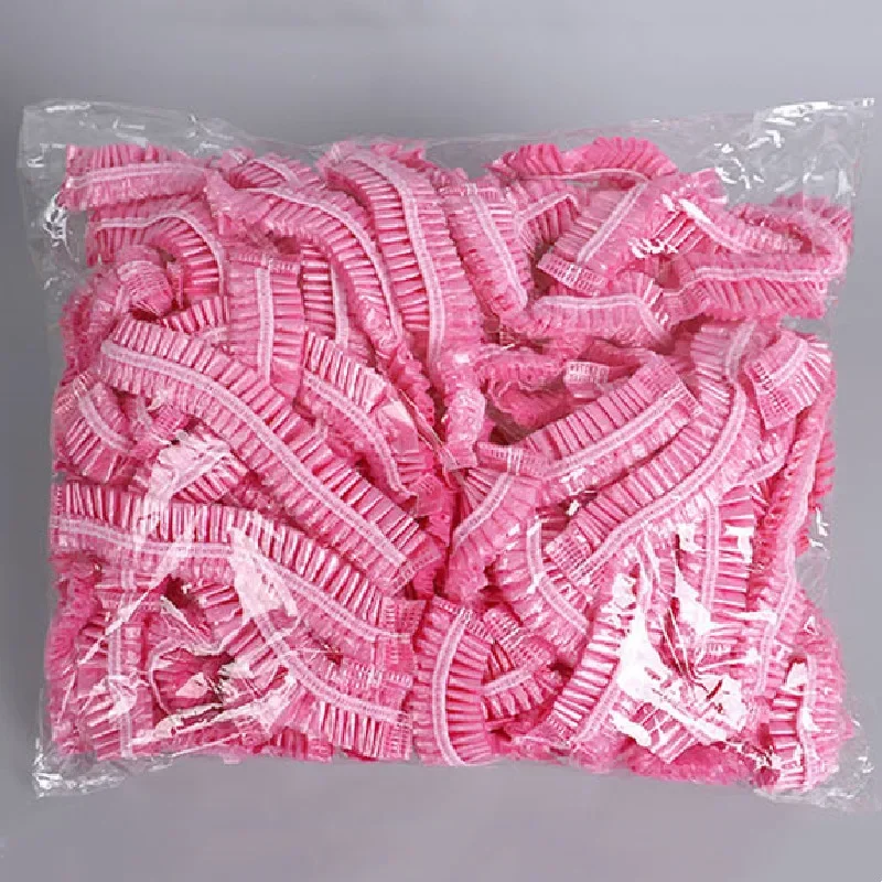 

100pcs/set Disposable Shower Caps Plastic Waterproof Headgear Pink Spa Salon Hotel Hair Dye Women Elastic hair Cap Bathroom