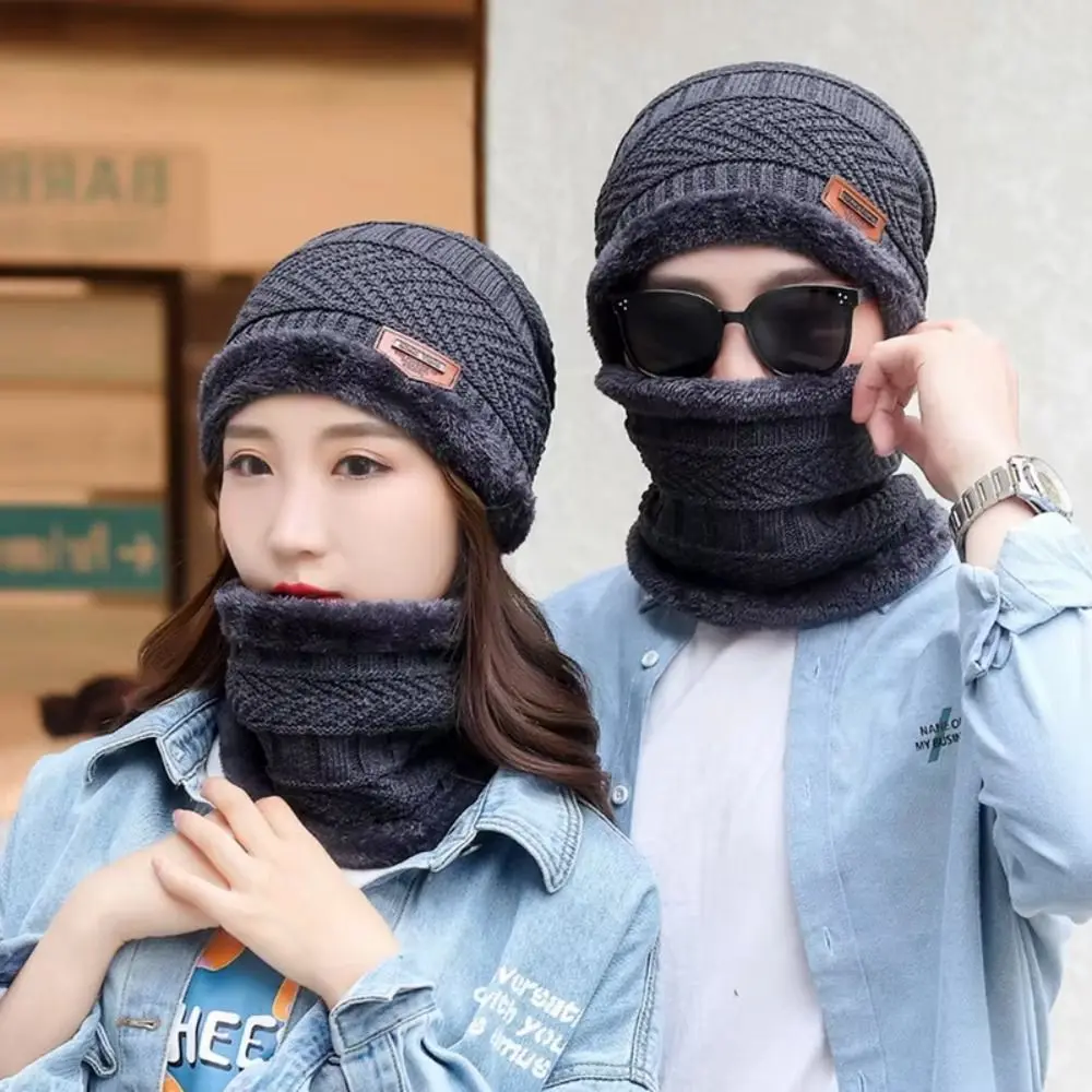 

4pcs/set Soft Winter Beanie Hat Scarf Set Thicken Fleece Lined Thermal Knitted Gloves Thermal Protection Cap Warm Wool Hat