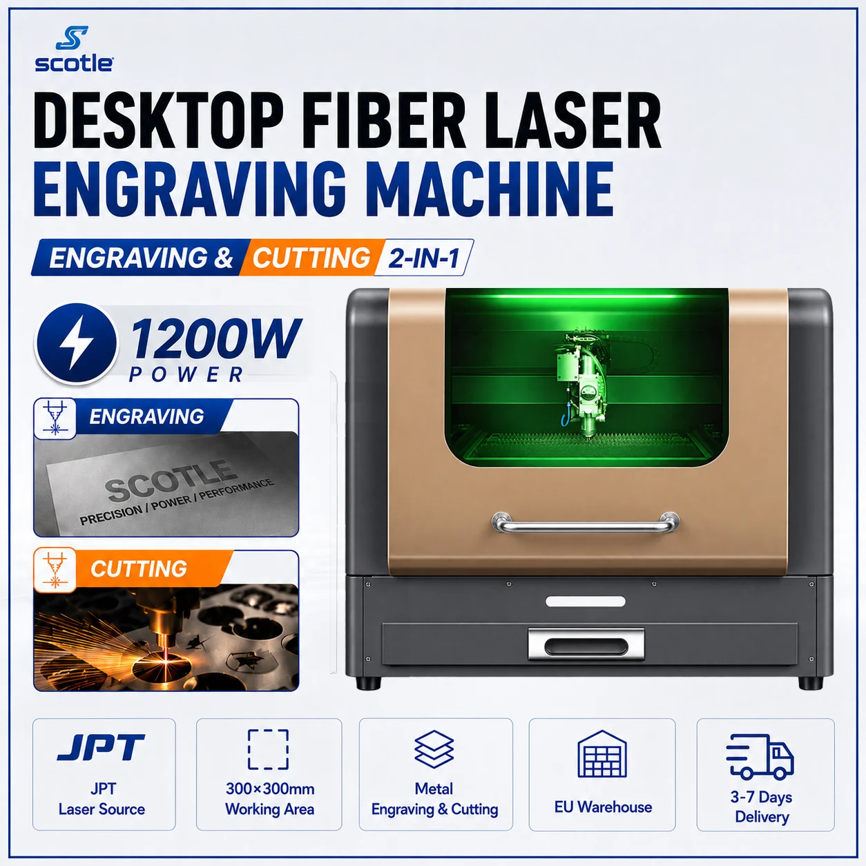 Machine de découpe laser à fibre JPT de bureau, utilisant une source laser JPT, combinant les fonctions de découpe et de gravure, 1200W/800W, capable de découper et de graver des métaux tels que l'acier inoxydable, le fer, le cuivre, l'aluminium et le titane.