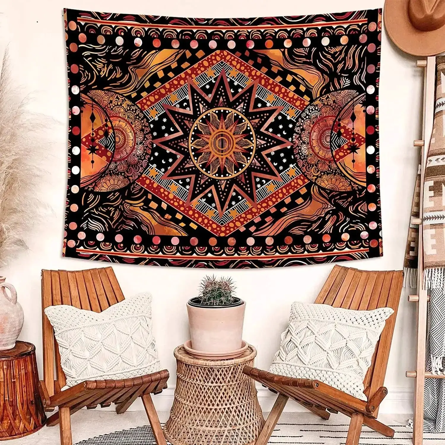 Böhmischer Sonne-Mond-Wandteppich, orangefarbenes Mandala, Wandbehang für Schlafzimmer, Wohnzimmer, Wohnheim, Indie, Hippie, ästhetisches psychedelisches Dekor