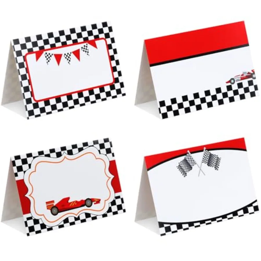48 قطعة ملصقات طعام السيارات للسباق علامات بطاقات مكان مطوية لإعداد الطاولة بطاقات اسم فارغة حفلة عيد ميلاد اللفة الأولى حول Tra