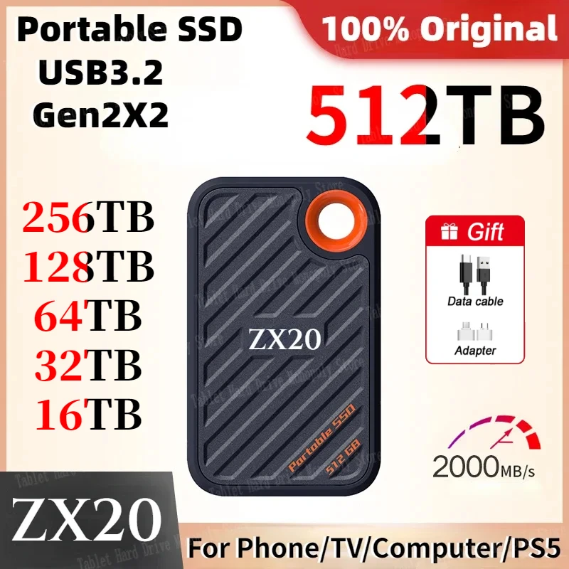 휴대용 외장 하드 드라이브, 노트북 PC 휴대폰 PS5 용, SSD 256TB, 128TB, ZX20, 1TB, 2TB, 512GB, USB 3.2 하드 디스크