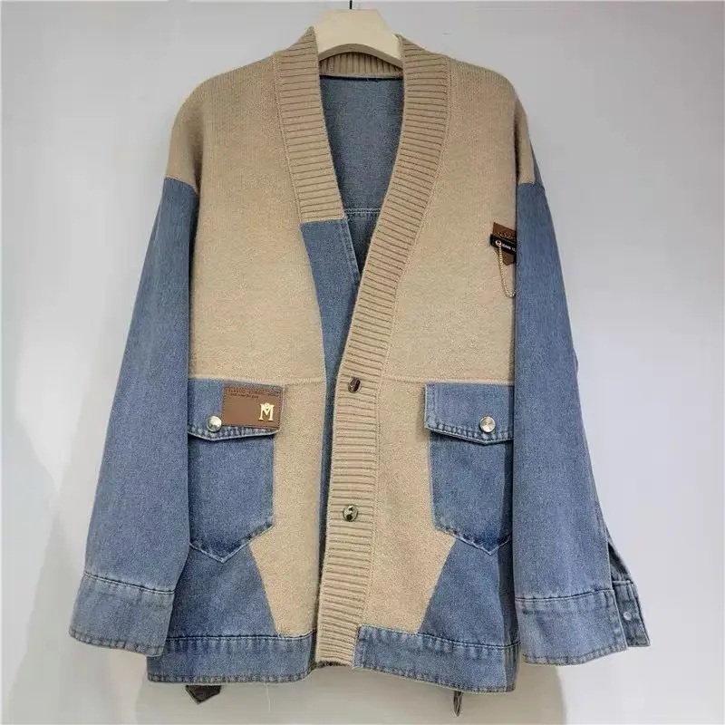 Women's Blue Denim Patchwork Cardigan, Korean Version, Fashionable Loose Sweater, Western Style Top, Autumn and Winter, New