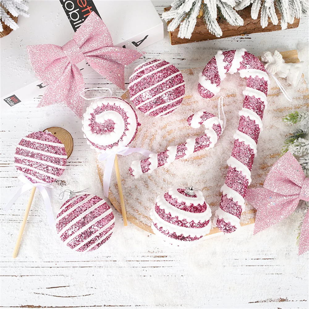 Xmas Tree Decoration Pink Red Candy Cane Lollipop Hanging Pendant 2025 Christmas Home Decorations New Year Eve Supplies Set