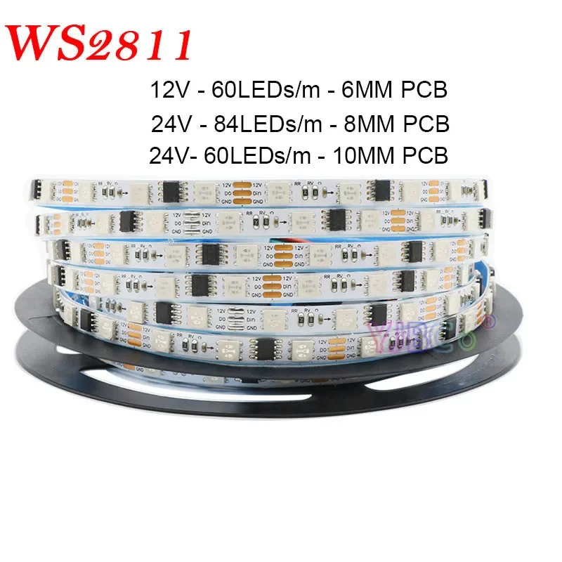 

12V 24V 5m addressable WS2811 LED Strip 60/84leds/m 5050 RGB pixel Light Bar External IC IP30 6/8/10mm White PCB flexible Tape