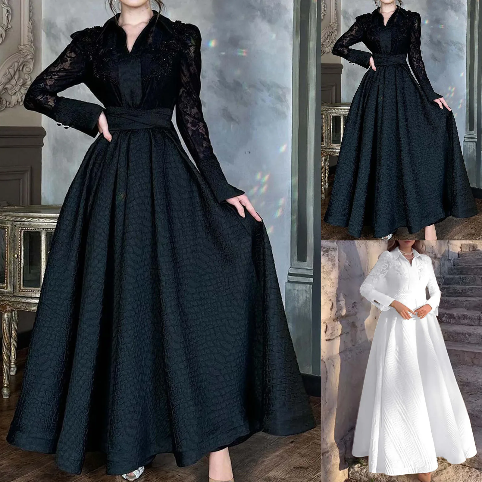 European White black Front Chest Bead Flower Bud Silk Gauze French Retro Long Sleeved Fashionable Slim Fitting Evening Dress