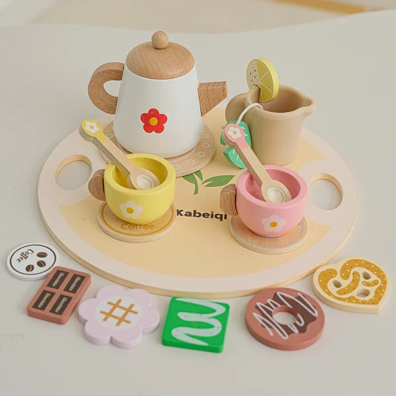 Toys Kitchen Simulation Tea Set Afternoon Activity Games Pretend Play Kitchen Accessories for Kids Wooden Kitchen