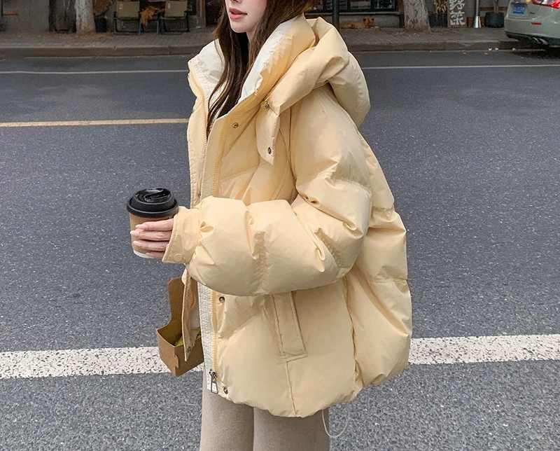 Down and Cotton Jacket Women's Winter New Short Fashionable Loose Hooded Color Blocked Thick Coat