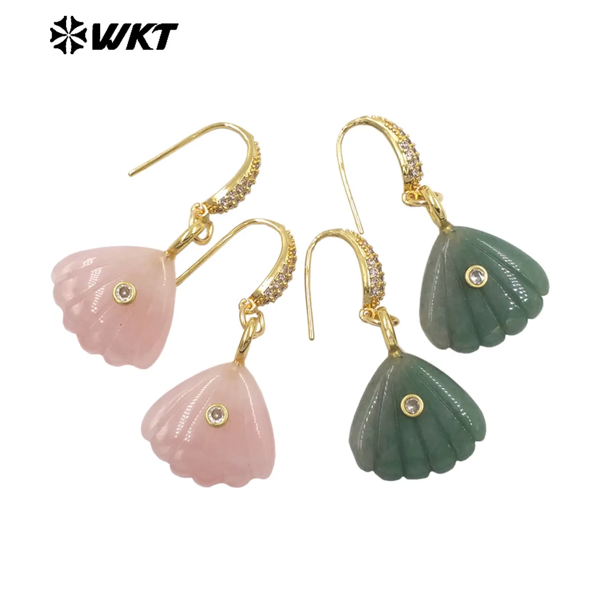 

WT-E820 Lovely Sweet Fans Shape Gemstone Charms Pink White Crystal Zircon Paved Hook Earrings For Girls Birthday Gifts