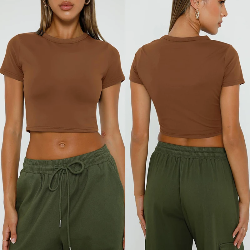 

Brown Crop Top Leisure Sports Short Sleeve Solid Color Slim Navel Top Fashion Soft Cotton T-shirt Fashion Retro Clothing Women