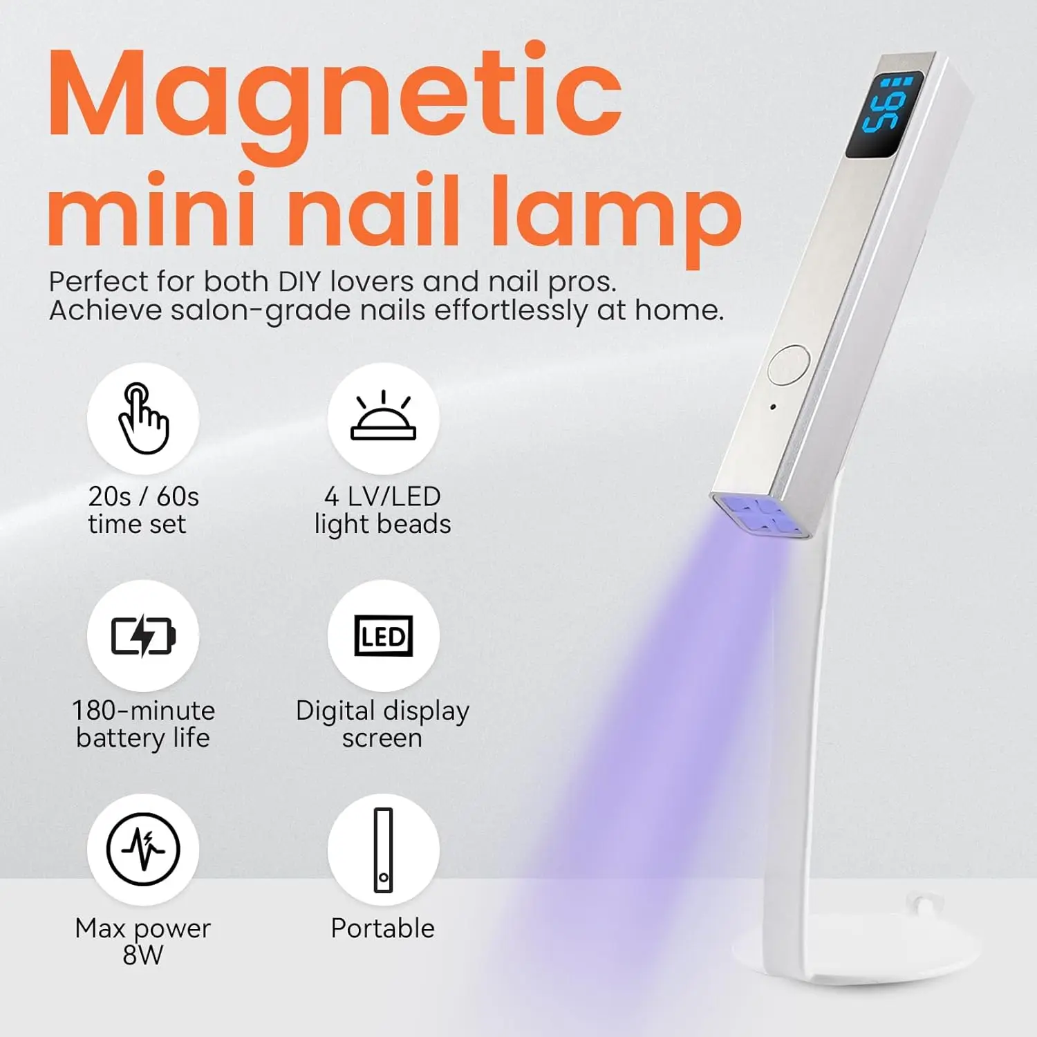 ضوء صغير للأشعة فوق البنفسجية لأظافر الجل مع حامل مغناطيسي، شاشة LCD، مصباح أظافر محمول قابل لإعادة الشحن
