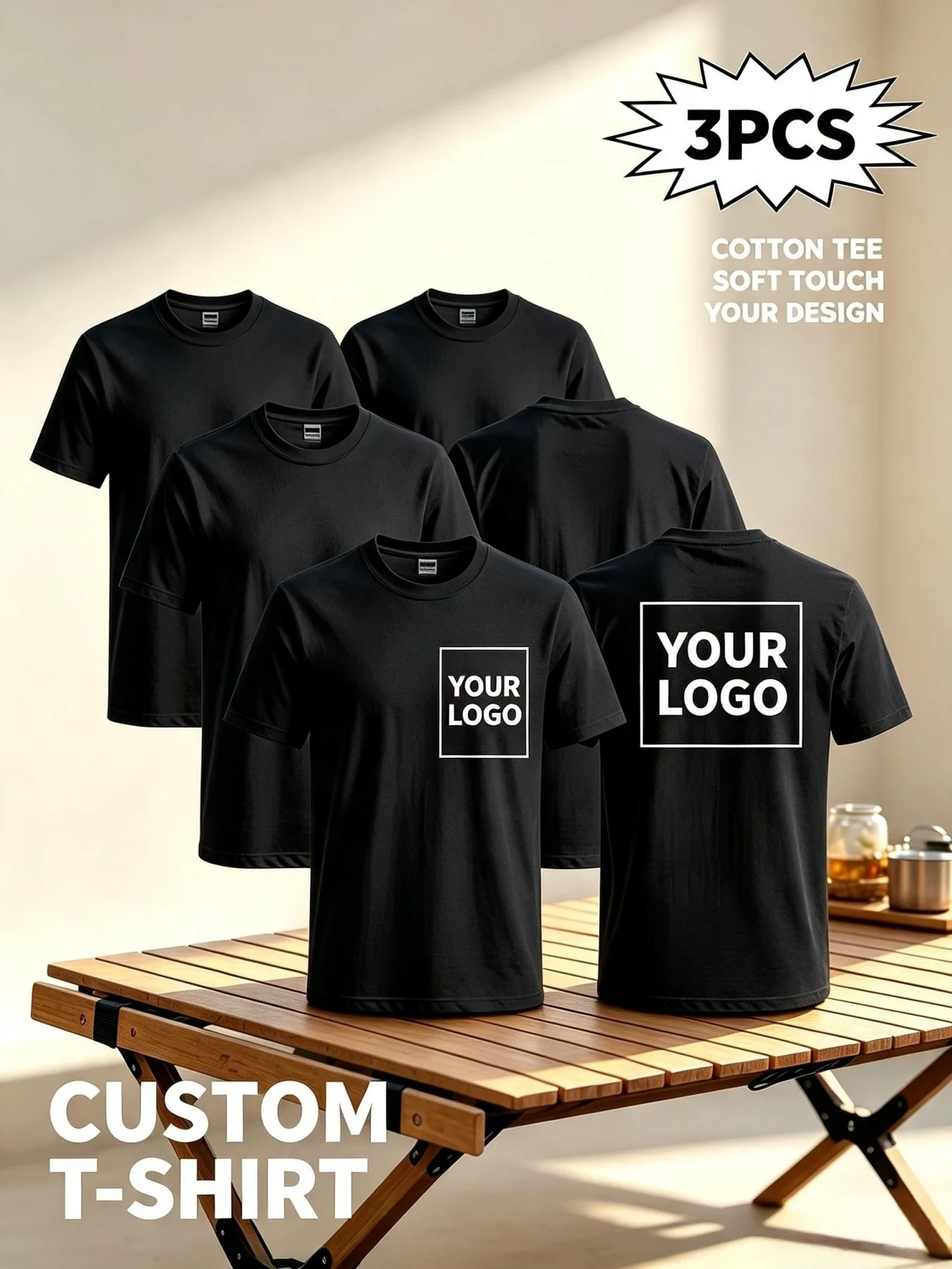 3-piece custom short-sleeve T-shirt set, available in multiple colors with customizable print options. Perfect for office wear