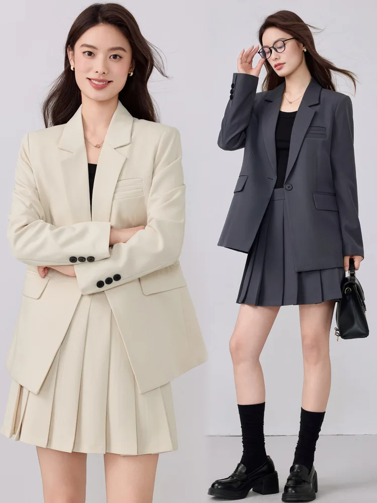 

Formal women's suit for college student interviews, professional style, commuting and workplace attire, gray blazer for petite i