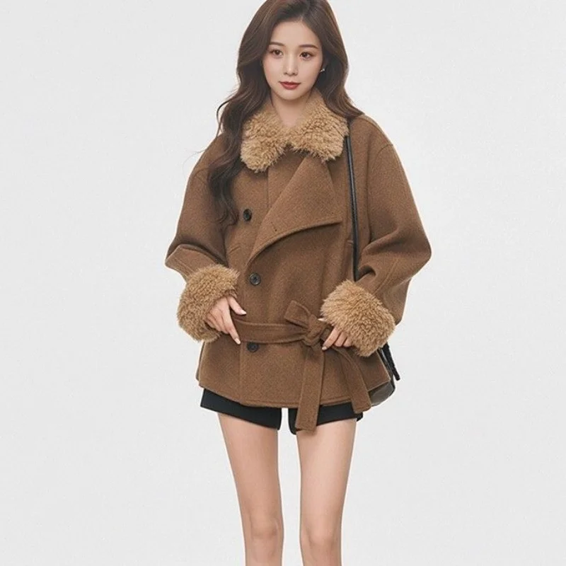 Women Korean Style Fashion Vintage Wool Coat Girls Winter Thick Warm Fur Collar Belted Wool Blend Elegant Retro Outerwear