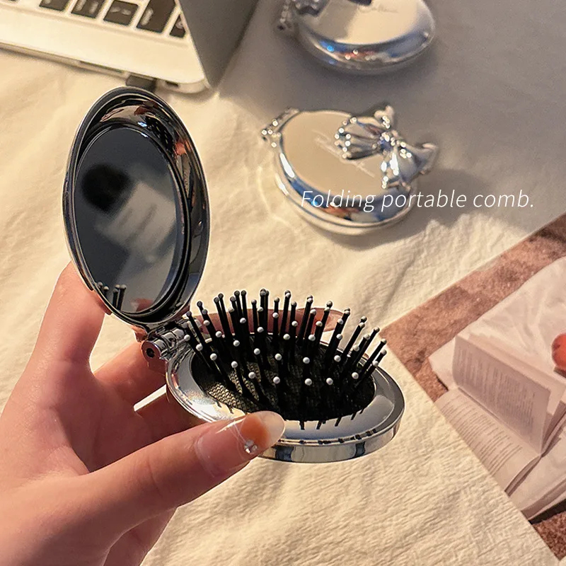 Bow Small Comb Portable Folding Comb for Women,  Airbag Air Cushion, Smooth Hair Massage, Mini Mirror Integrated Travel Comb