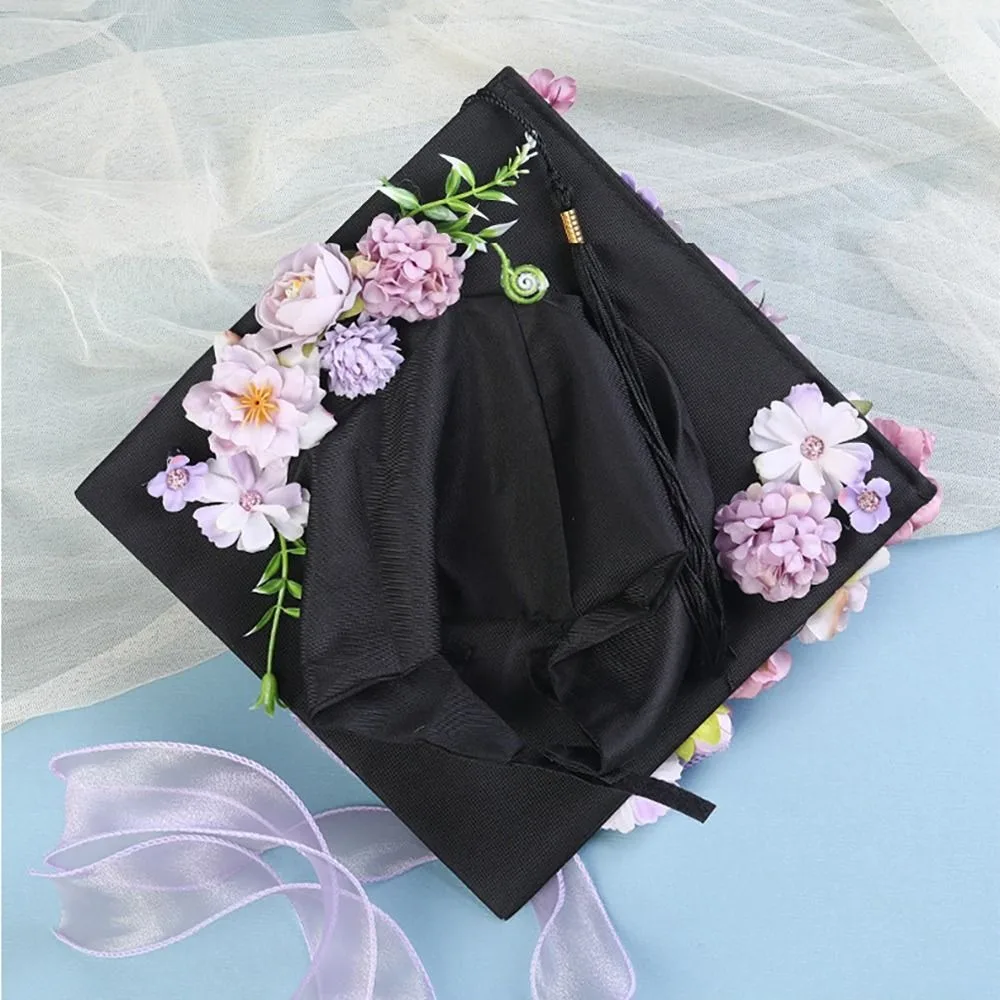 Doctor Flowers Graduation Cap Bachelor Adjustable Trencher Cap Charm Ornament Master Academic Hat with Tassels Student Supplies