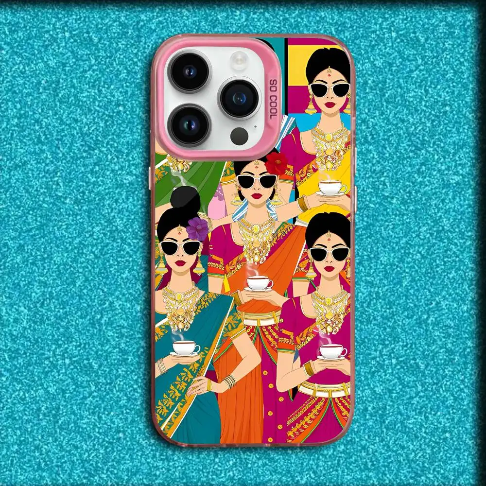 Capa de telefone com ilustração de menina indiana para iPhone 17,16,15,14,13,12,11,Pro,Max,Plus,E,SE4,Air,Mini Pink IMD Box