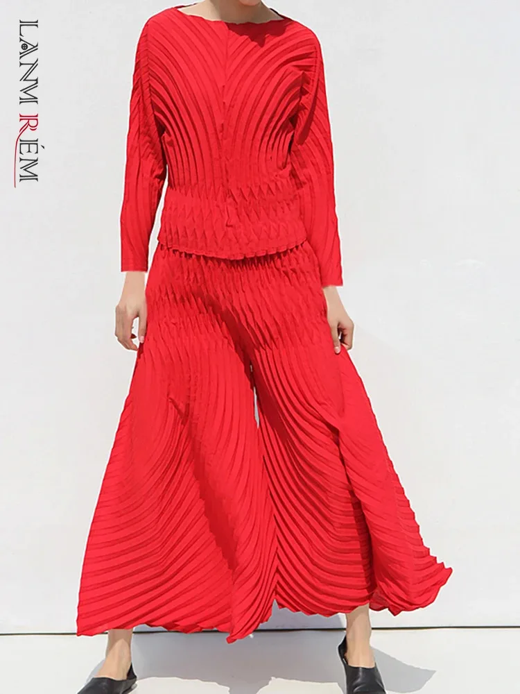 LANMREM Solid Color Pleated 2 Pieces Sets Women Fashion Round Neck Long Sleeves Tops Loose Flare Pants 2024 Autumn New 2AA1626