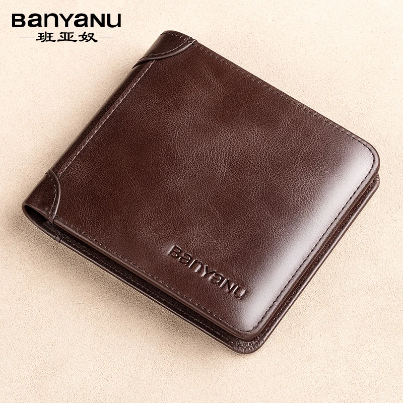 

【Genuine Cow Leather】BANYANU Slim Men's Wallet Tri-Fold Vintage Design Short RFID Blocking with ID Window, with Gift Box