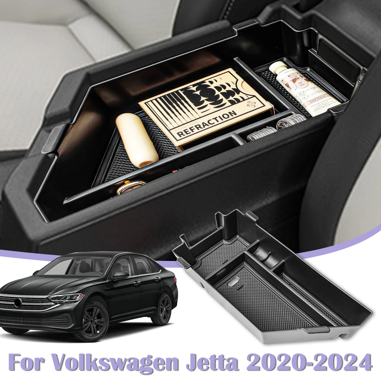 

For Volkswagen Jetta VW 2020-2024 2025 Center Console Tray Armrest Storage Organizer Interior Coin Storage Car Box Accessories