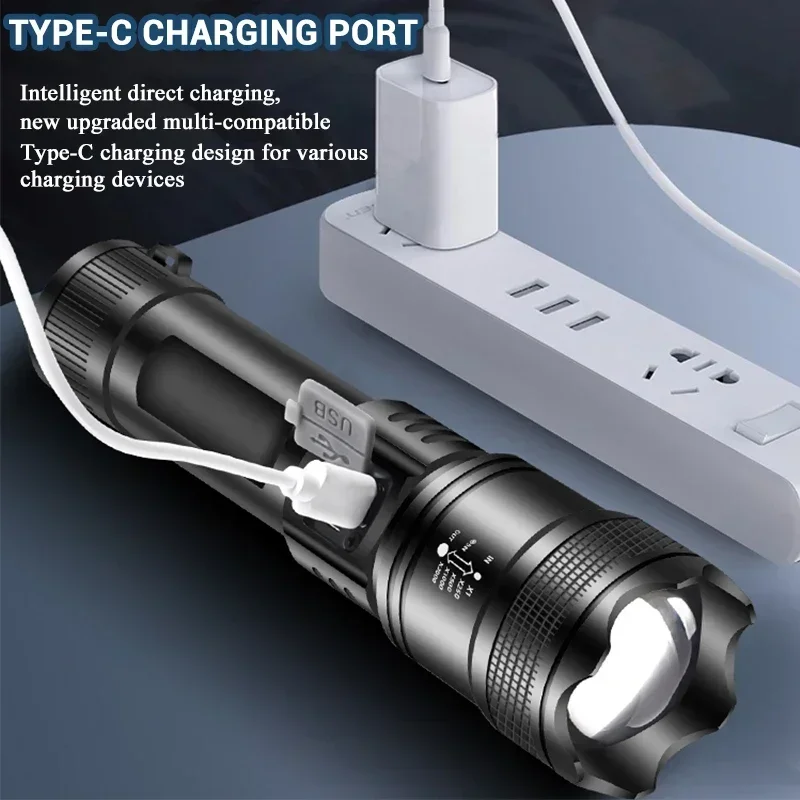 5000LM Ultra Bright Tactical Light Built-in Battery Powerful P70 LED Flashlights Emergency Spotlight Telescopic Zoom Flash Light