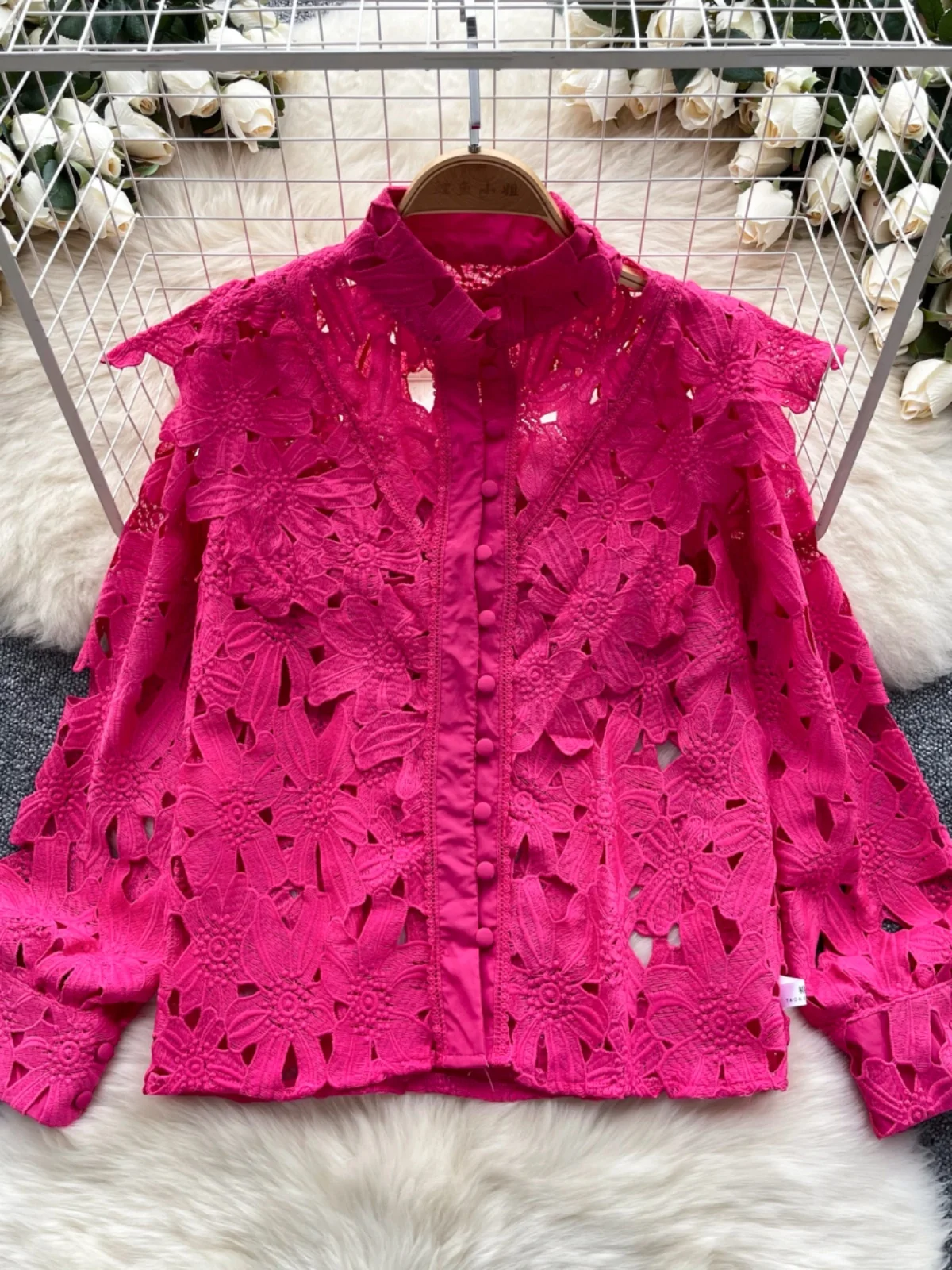 

Water Soluble Lace irt Women's 2024 New High End Heavy Embroidery Hollow out Long Sve Stand Collar Lantern Sve Versat...