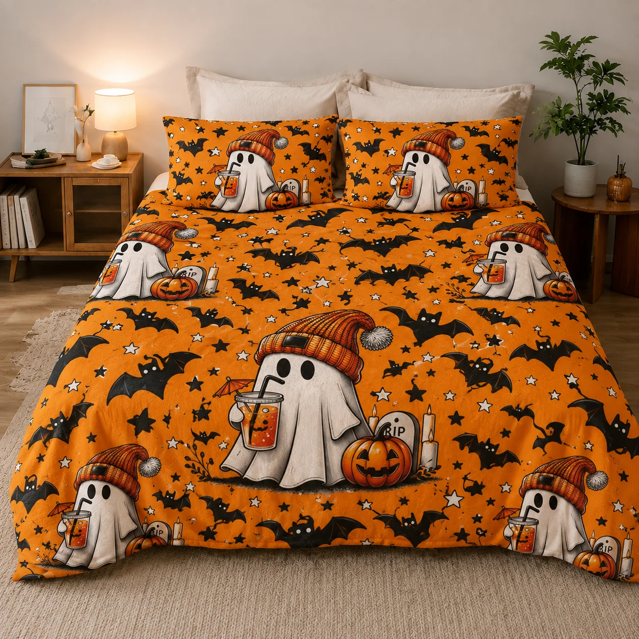 Cute Halloween Ghost Flannel Blanket 3 Piece Set with 2 Pillow Covers, Orange Pumpkin Bat Spooky Throw Blanket for Bed Sofa Couch Bedroom Living Room Decor, No Pillow Inserts