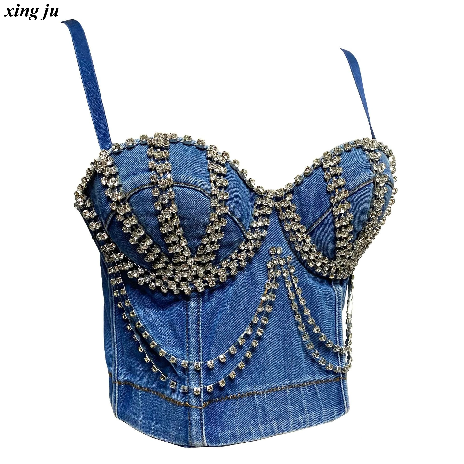 Xing Ju Zanger Nachtclub Podium Diamant Slanke Tops Vrouwen Jazzdans Sexy Backless Denim Sling Vest Vrouwen Party Prestaties Slijtage