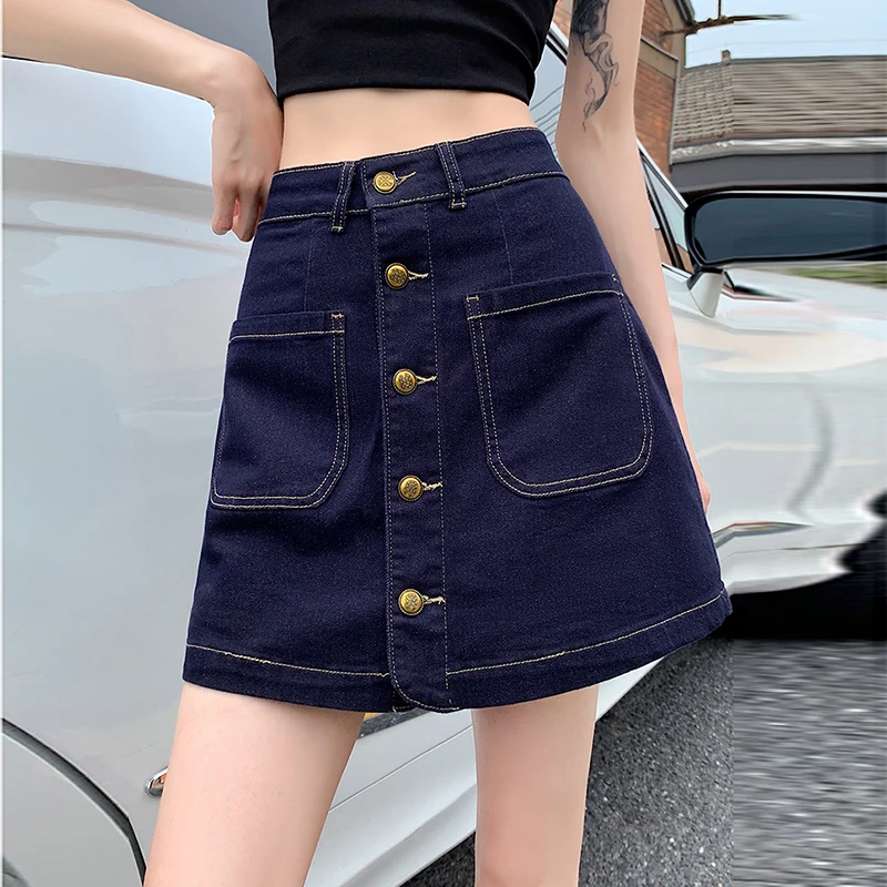 Ropa de calle informal, faldas de talla grande, pantalones cortos para mujer, minifalda vaquera holgada de corte en A con una hilera de botones, Culottes de algodón, pantalones cortos