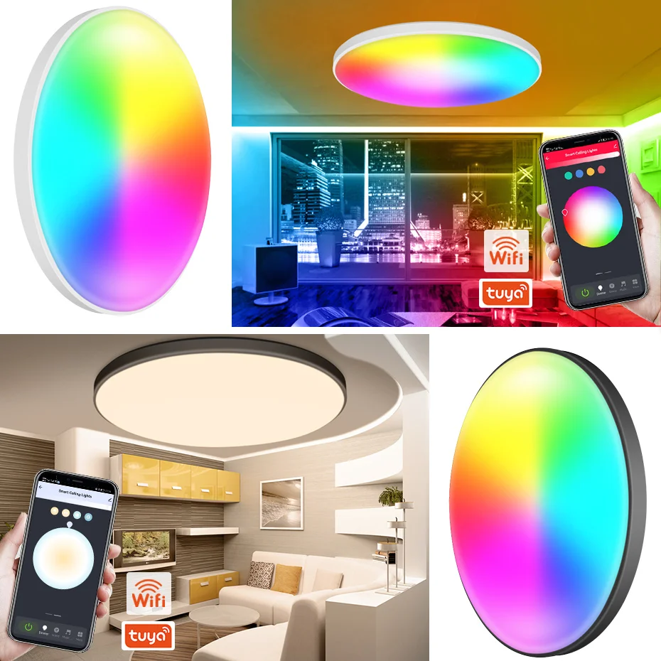 

Tuya WiFi Smart LED Потолочный светильник RGB с регулируемой яркостью 220 В 30 Вт Современный круглый потолочный светильник Alexa Голосовое управление для домашнего освещения спальни