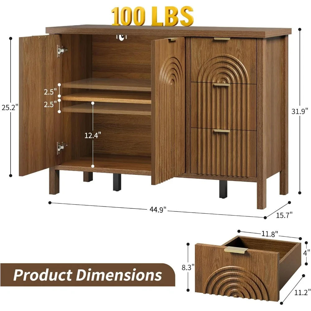 Sideboard Buffet Cabinet Fluted Accent Coffee Bar Credenza with Drawers Doors Adjustable Shelf Walnut Living Room Entryway