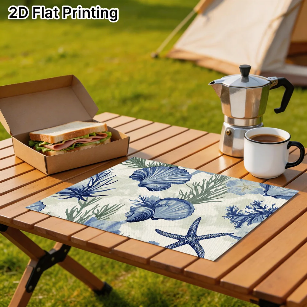 2D Flat Printing,Blue Seashells and Starfish Design, Rectangular Placemats, Exquisite Details, Long-Lasting Use