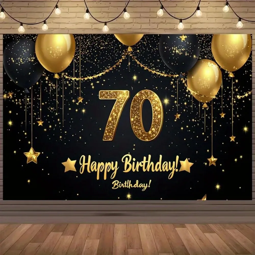 Eleganter Banner-Hintergrundstoff zum 70. Geburtstag, schwarzer und goldener Ballon-Themen-Geburtstagsdekoration, Schieß-Requisiten-Hintergrund