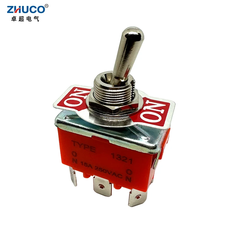 1PC 1321C 15A 250VAC 12mm Mounting Hole ON ON DPDT 6 Terminal Solder Pins Self-locking Power Rocker Latching Toggle Switch