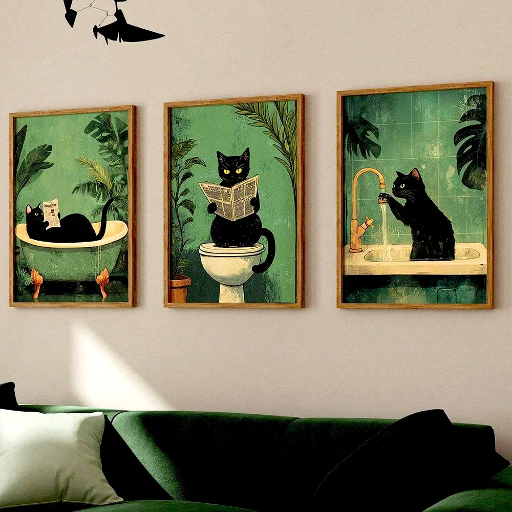 غريب الأطوار القط الأسود قراءة صحيفة المشارك طباعة الحمام خمر الأخضر الحد الأدنى ديكور مضحك المرحاض حائط لوح رسم الفن