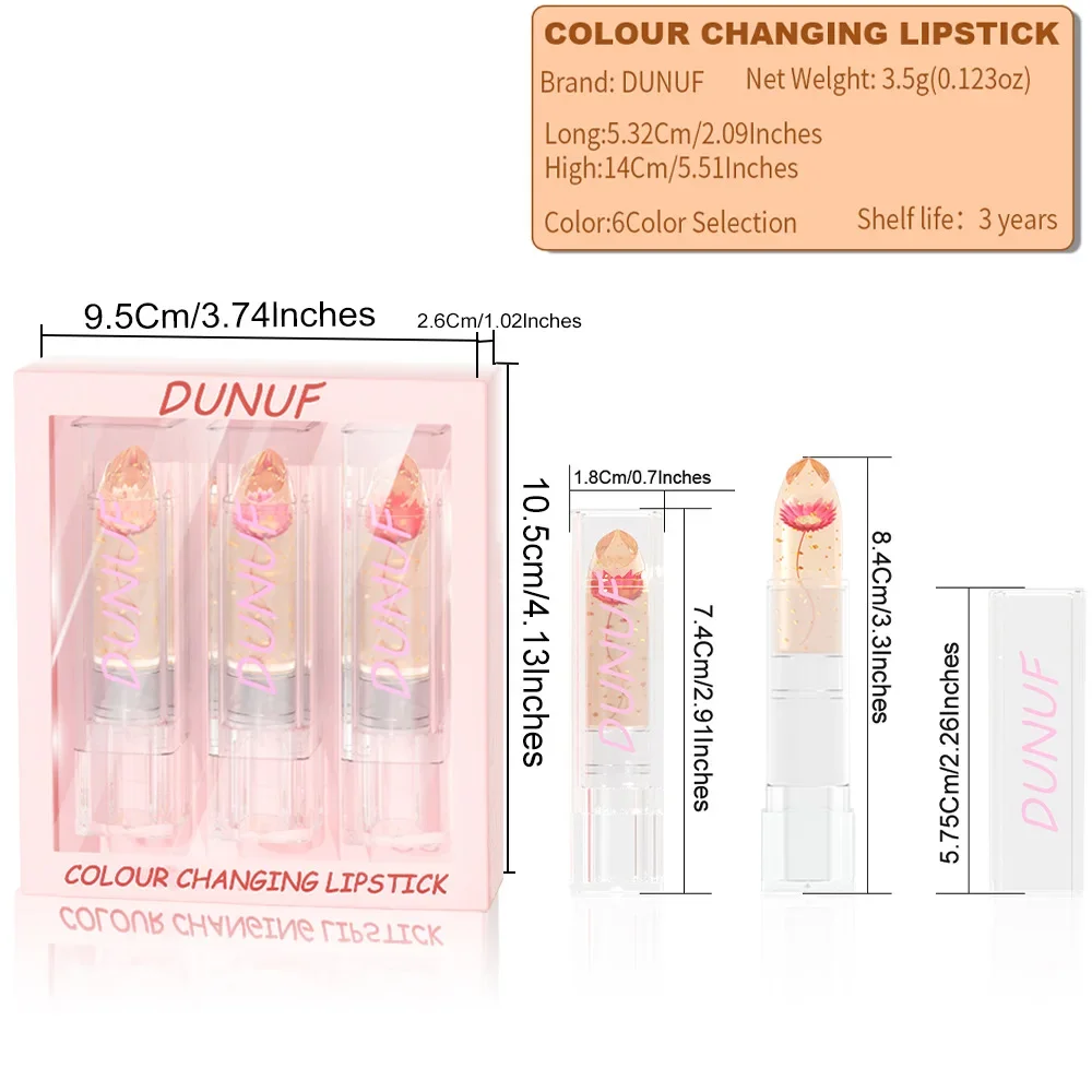 DUNUF, 3 paquetes de flores secas, lápiz labial que cambia de Color, brillo de labios, humectante, maquillaje de temperatura de cristal, bálsamo labial transparente