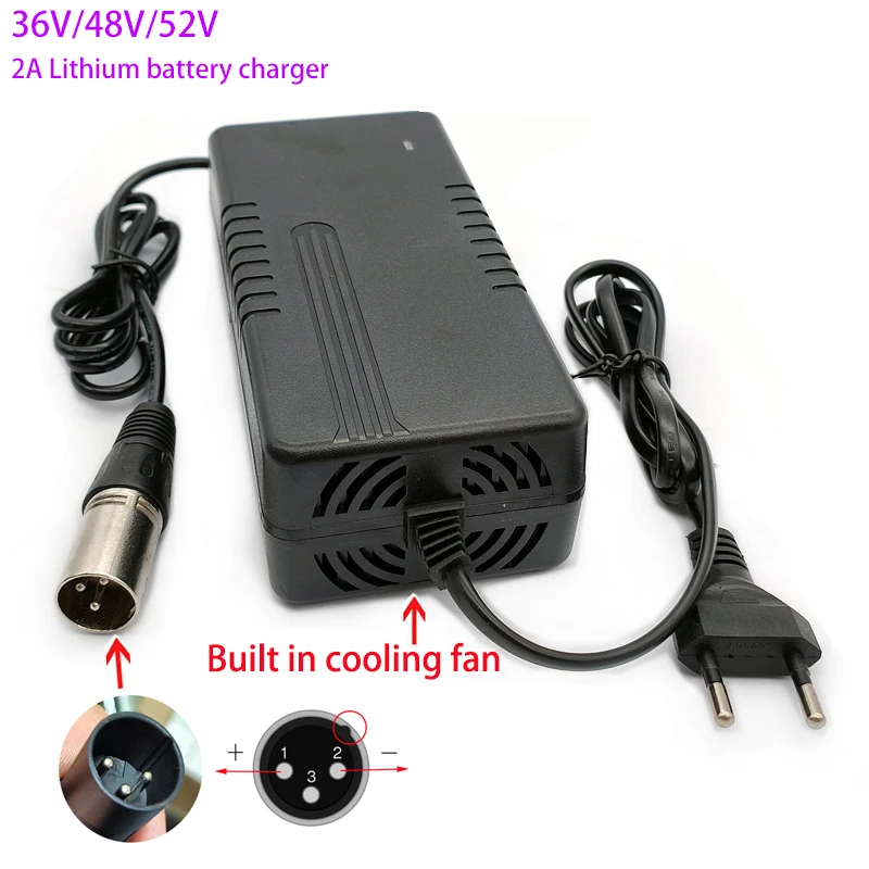 New 42V 54.6V 58.8V 2A Lithium Battery Charger 36V 48V 52V battery charger built-in cooling fan with XLR connect for battery