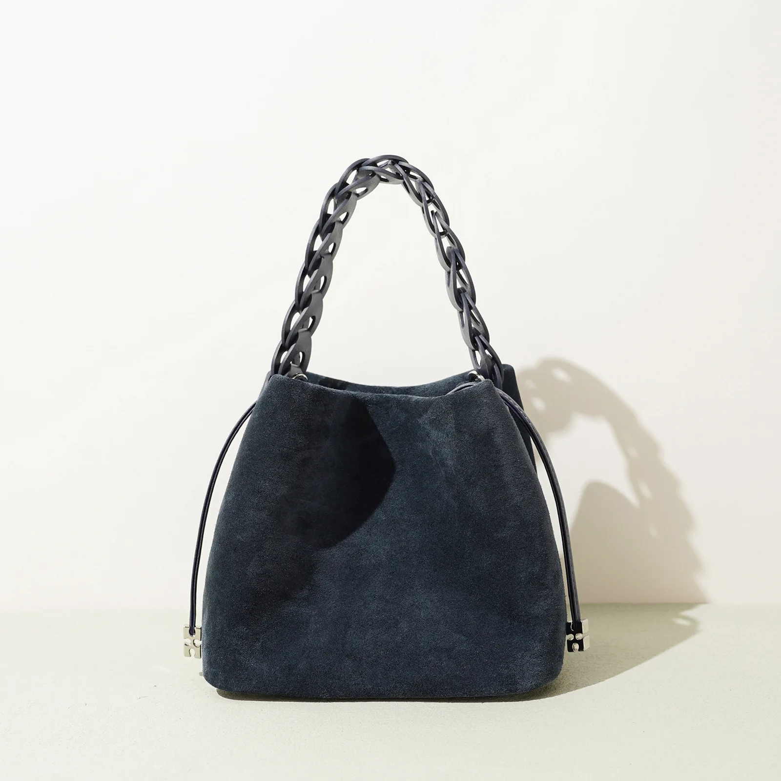 FIRMRANCH Vintage Velvet Texture Cowhide Woven Handbag Drawstring Mini Fashion Lady's Cross-Body Bucket Bag