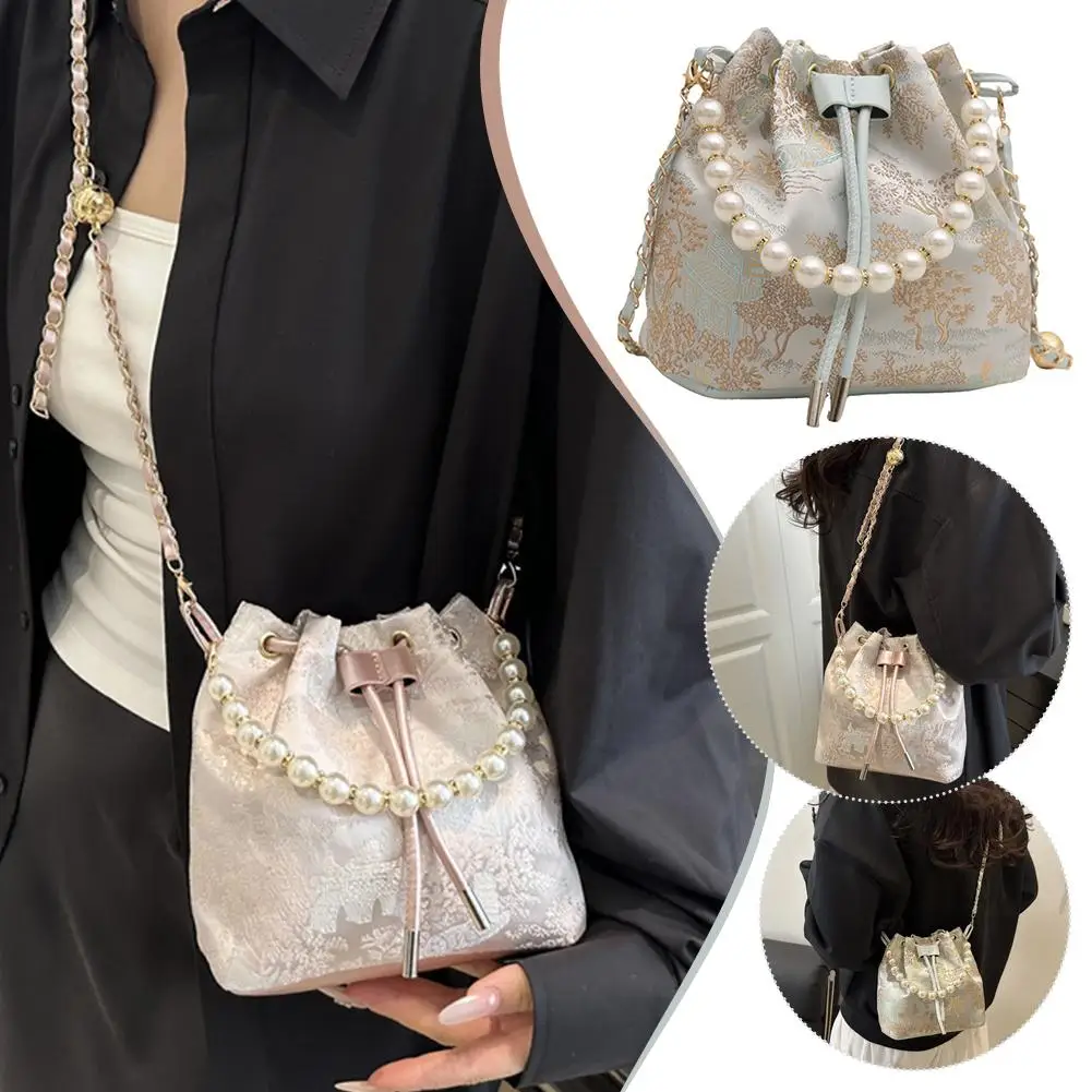 

1pcs Fashion Women's Shoulder Bag Large Capacity Ribbon Chain Bucket Bag Crossbody Bag Daily Commuting