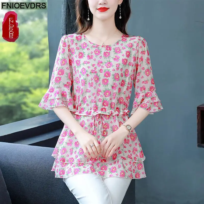 S-4XL Loose Clothes 2023 Women Summer Short Sleeve Elegant Ruffles Shirts Casual Chiffon Floral Tunic Peplum Tops And Blouses