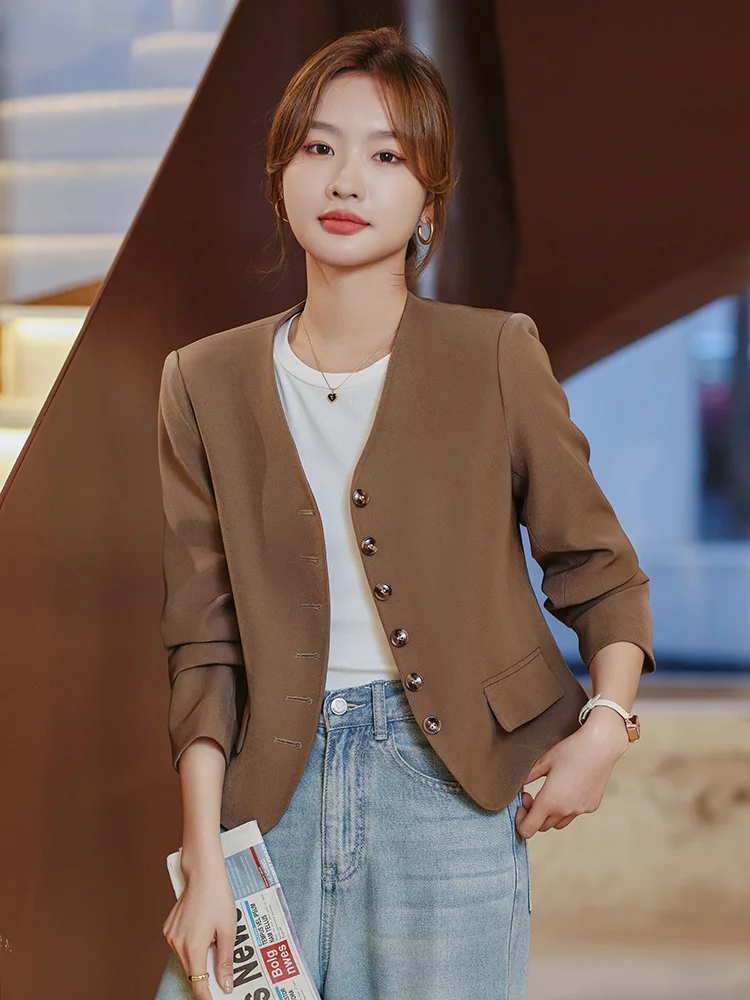 Off White Coffee Black V-Neck Suit Jacket Women Spring Autumn 2024 New Temperament Casual Short Blazers