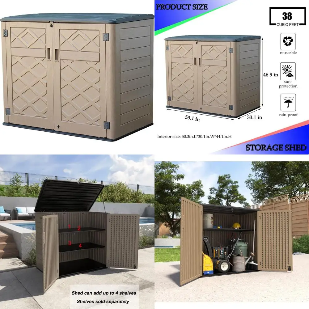 

Большие горизонтальные навесы для хранения, садовый садовый навес из смолы 38 кубических футов, устойчивый к атмосферным воздействиям, запираемый ящик для хранения для патио, спинка