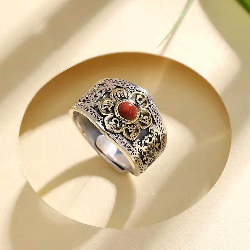 Buyee 925 Sterling Silver Flower Ring Finger Natural Carnelian Open Ring for Woman Fashion Ethnic Fine Jewelry Circle with Box