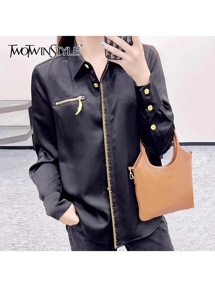 

TWOTWINSTYLE Solid Spliced Single Breasted Basics Shirts for Women Lapel Long Sleeves Patchwork Zipper Fashion Shirt Female New