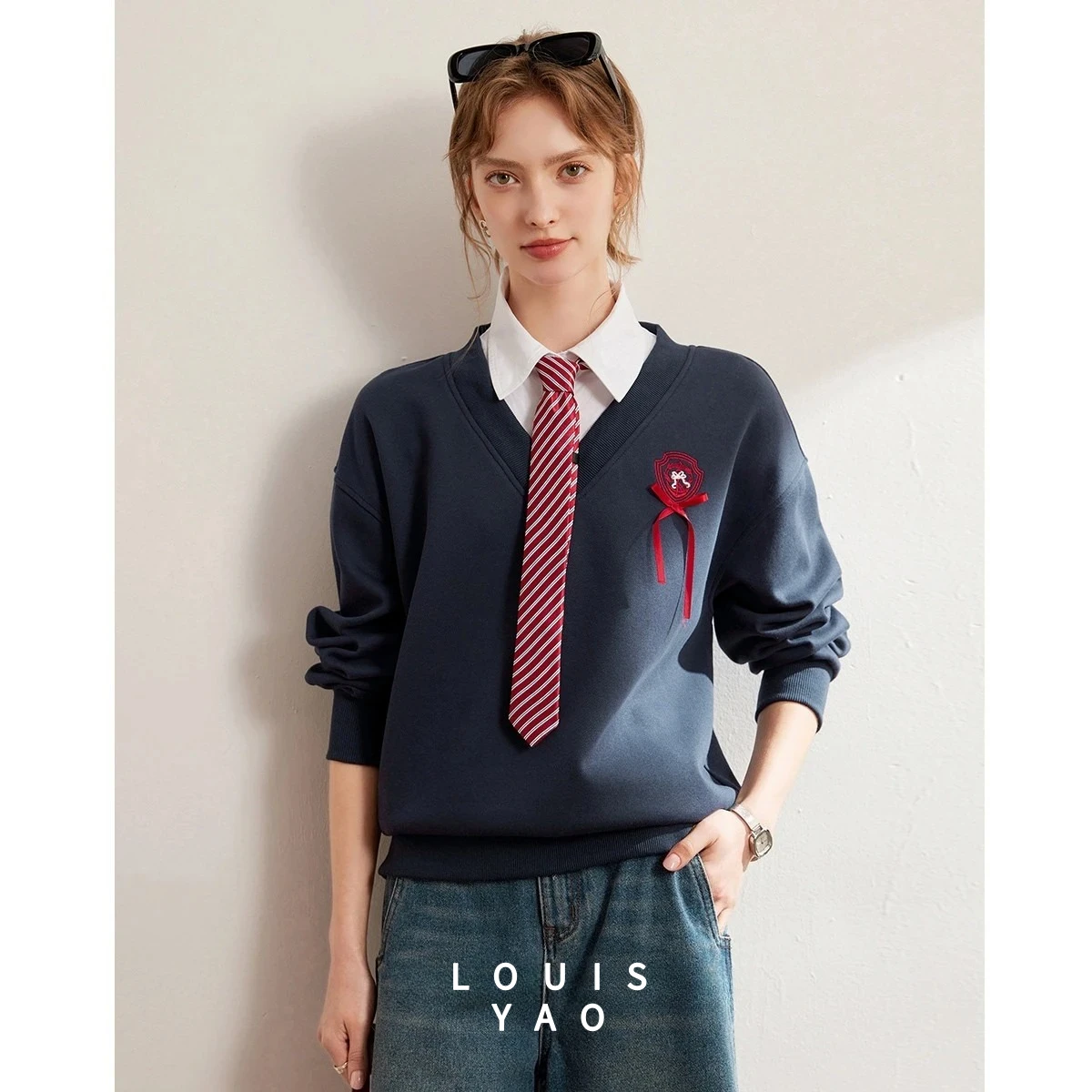 LOUISYAO Embroidery Detachable Tie Women's Sweatshirts 2025 Spring Fake Two Piece Tops Colours Collar Long Sleeve Hoodie